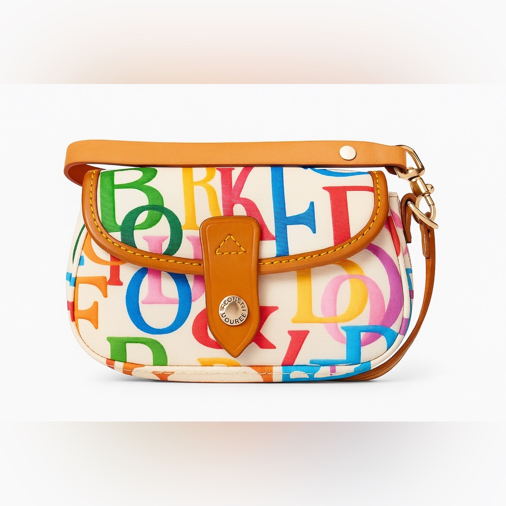 Dooney & Bourke Multicolor Logo Print Clutch with Tan Trim
